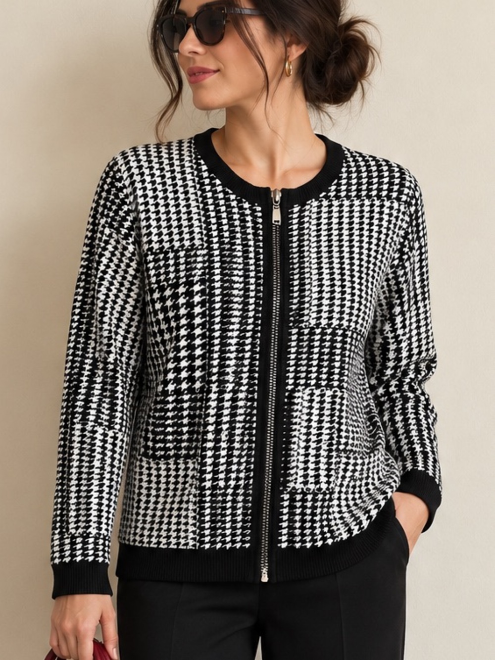 Punt Roma Black & White Houndstooth Zip Cardigan Sweater Jacket